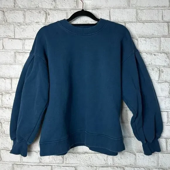 Ann Mashburn Sweatshirt Carmina Top Puff Sleeve Crew Neck Fleece Cotton Blue M
